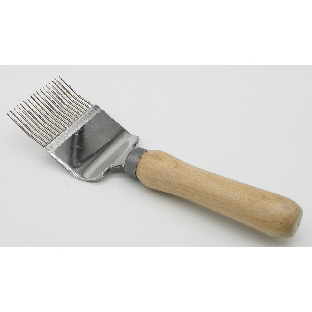 Entdeckelungsgabel mit gebogenen Holzgriff und Zinken
